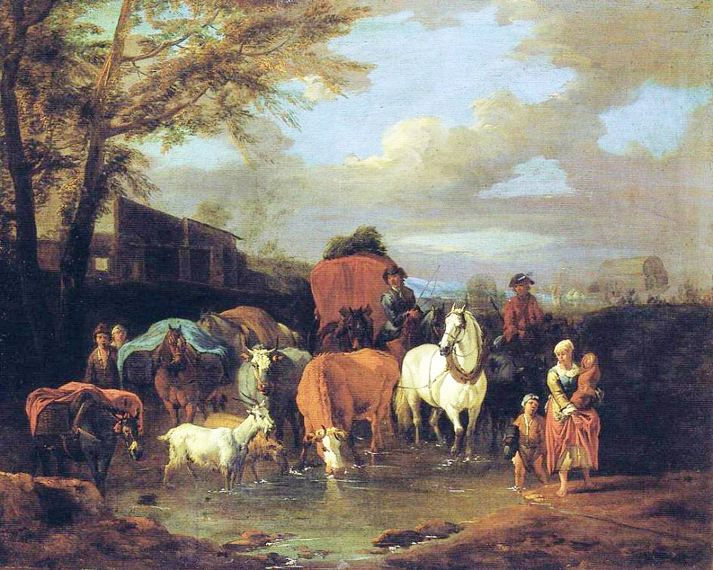 drovers with cattle and goats fording a stream